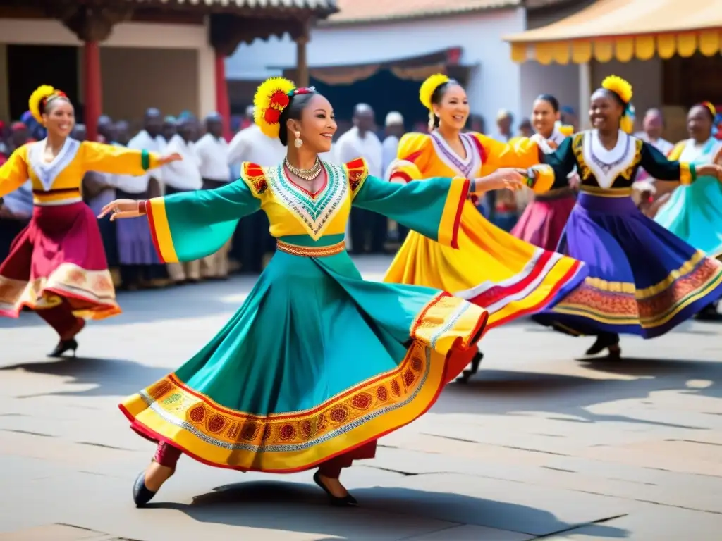 Producción de música en vivo para danzas tradicionales: Colorida danza tradicional en bullicioso mercado, expresando herencia cultural y alegría