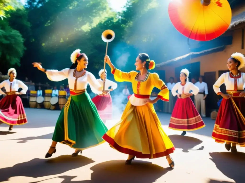 Producción de música en vivo para danzas tradicionales: grupo de músicos y bailarines tradicionales en un vibrante escenario al aire libre, lleno de energía y pasión