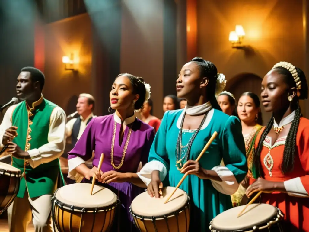 Producción de música en vivo para danzas tradicionales: Grupo de músicos tradicionales y bailarines en un ambiente vibrante y apasionado