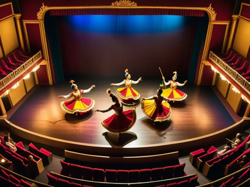 Una producción de música en vivo para danzas tradicionales cobra vida en un teatro ornamentado, con trajes vibrantes y movimientos dinámicos