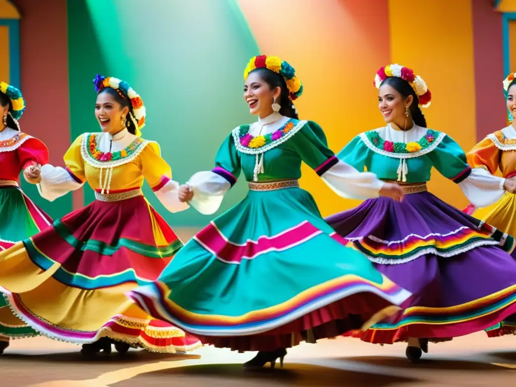 Un vivo retrato de una danza folclórica mexicana, con trajes coloridos, movimientos dinámicos y expresiones alegres