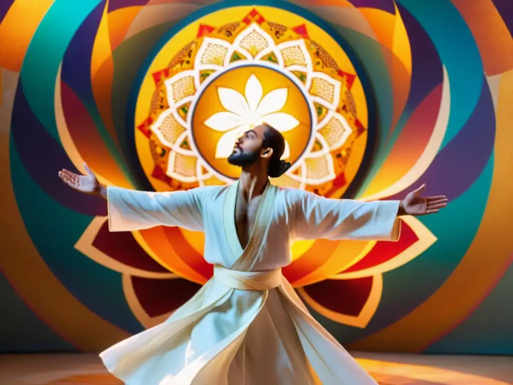 Sufi Whirling: un bailarín Sufi con túnicas blancas en un ritual de giro, rodeado de luz dorada y patrones geométricos vibrantes