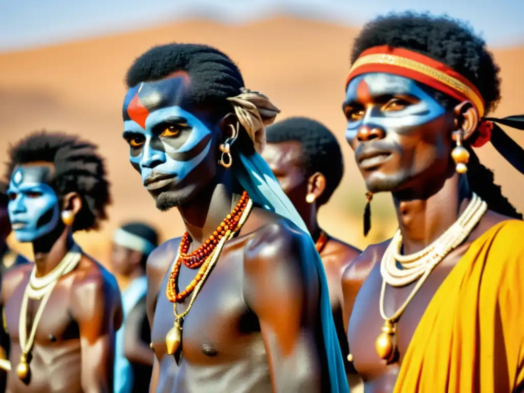 Wodaabe hombres en competencia de baile en el festival Gerewol, con atuendos tradicionales y pinturas faciales vibrantes