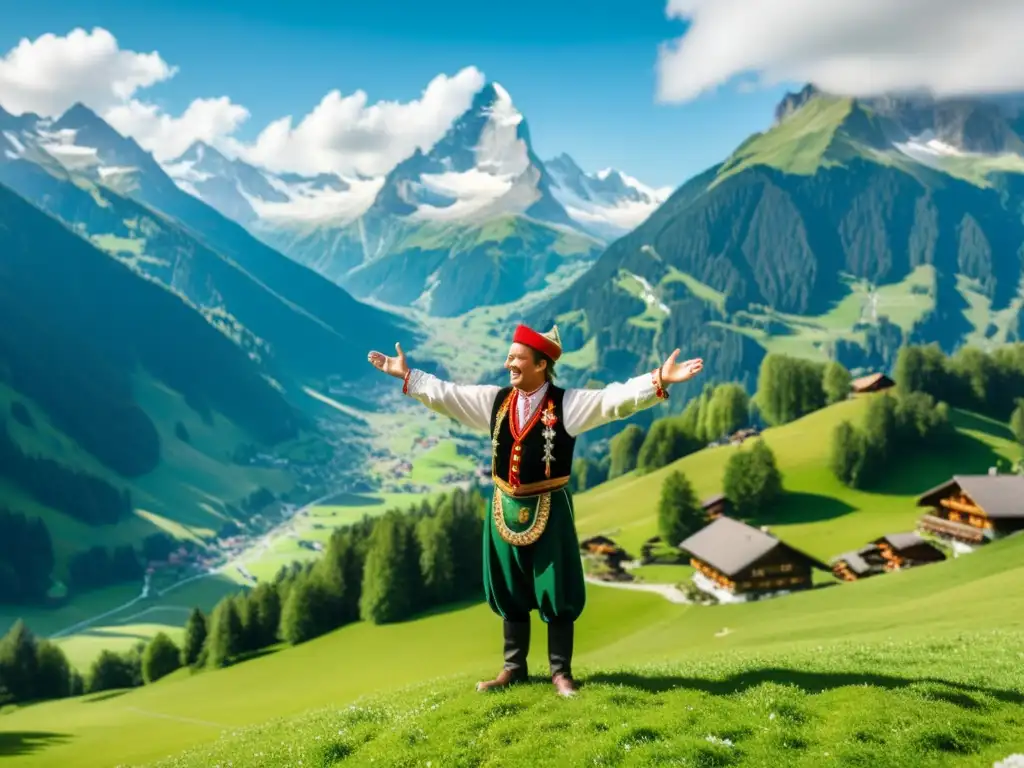 Un yodelero alpino viste traje tradicional suizo y entona un poderoso yodel en un escenario majestuoso de montañas nevadas y chalets alpinos