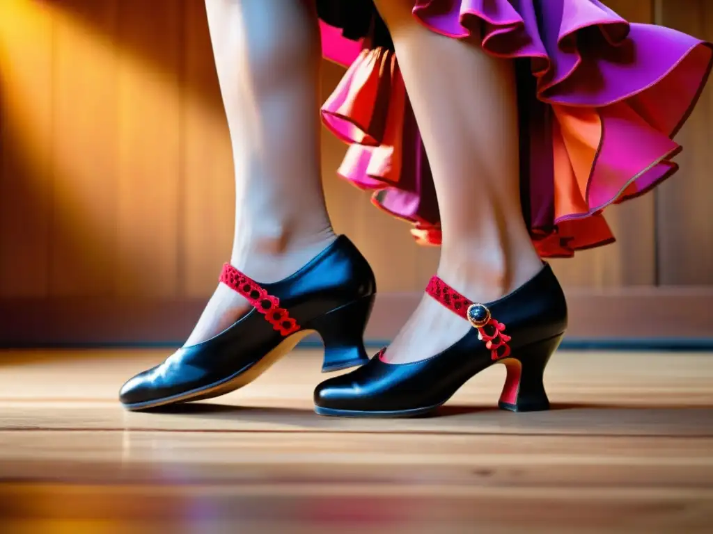 Los zapatos de baile flamenco exhiben el significado cultural del zapateado español con pasión y emoción en el escenario de madera